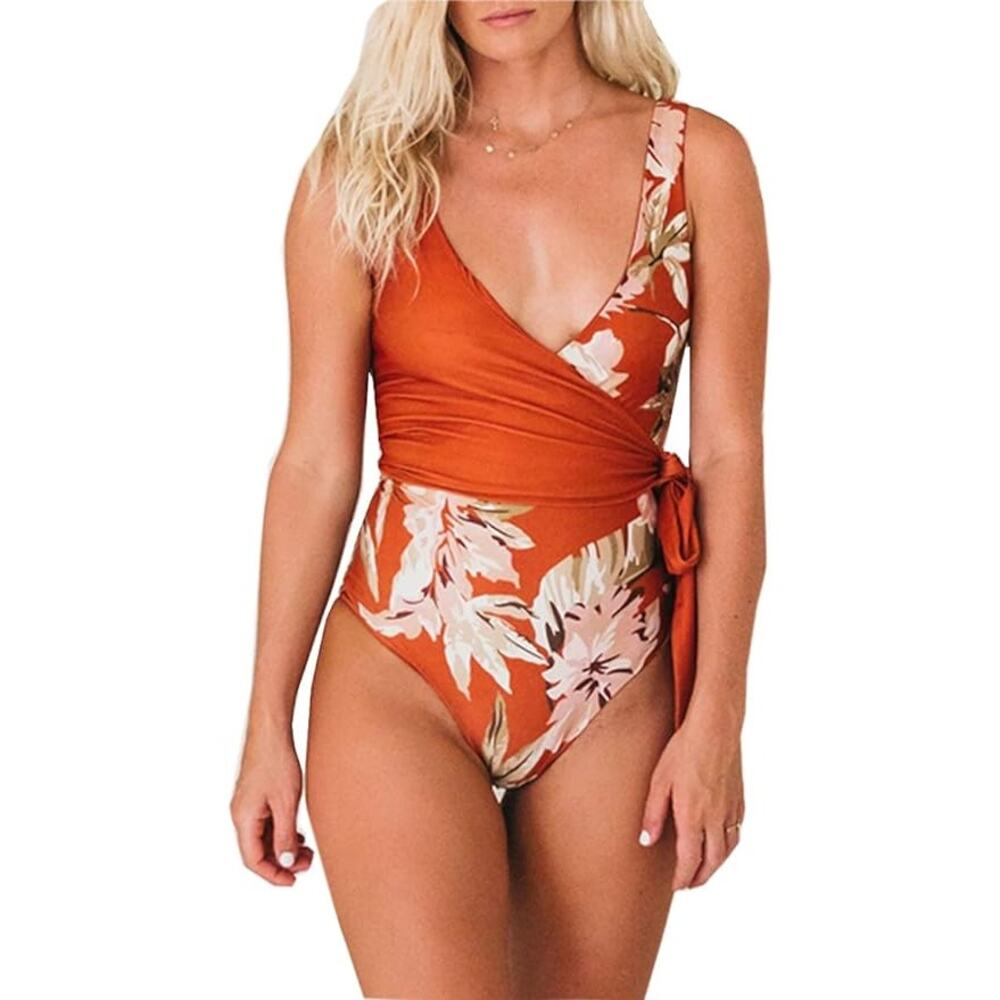 [CHYRII] Orange Red Floral Feather Wrap Front V-Neck One Piece Swimsuit Sz Large